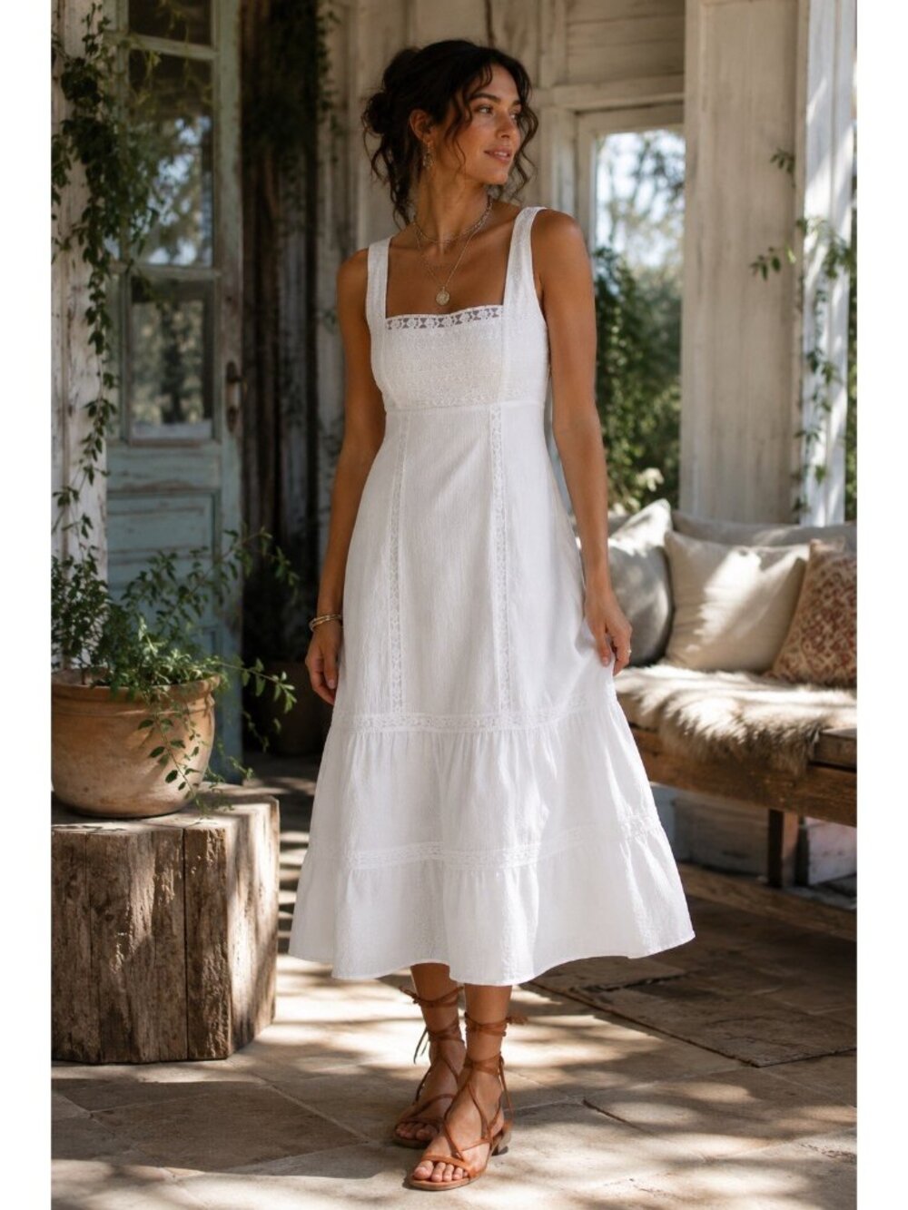 Lulu's White Square-Neck Eyelet Tiered Midi Dress